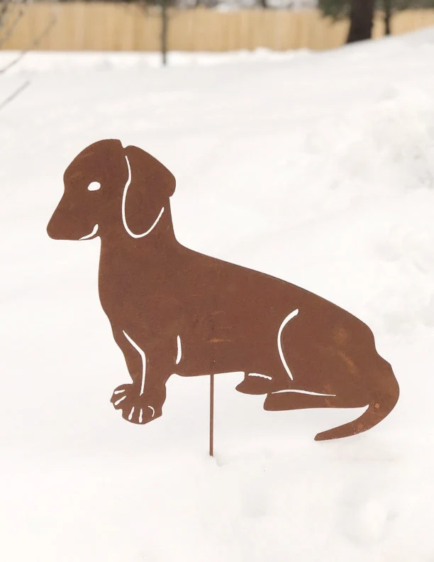 Dachshund garden stake silhouette in rust metal with stake base, Rustica Ornamentals on Tampa Home & Garden Store