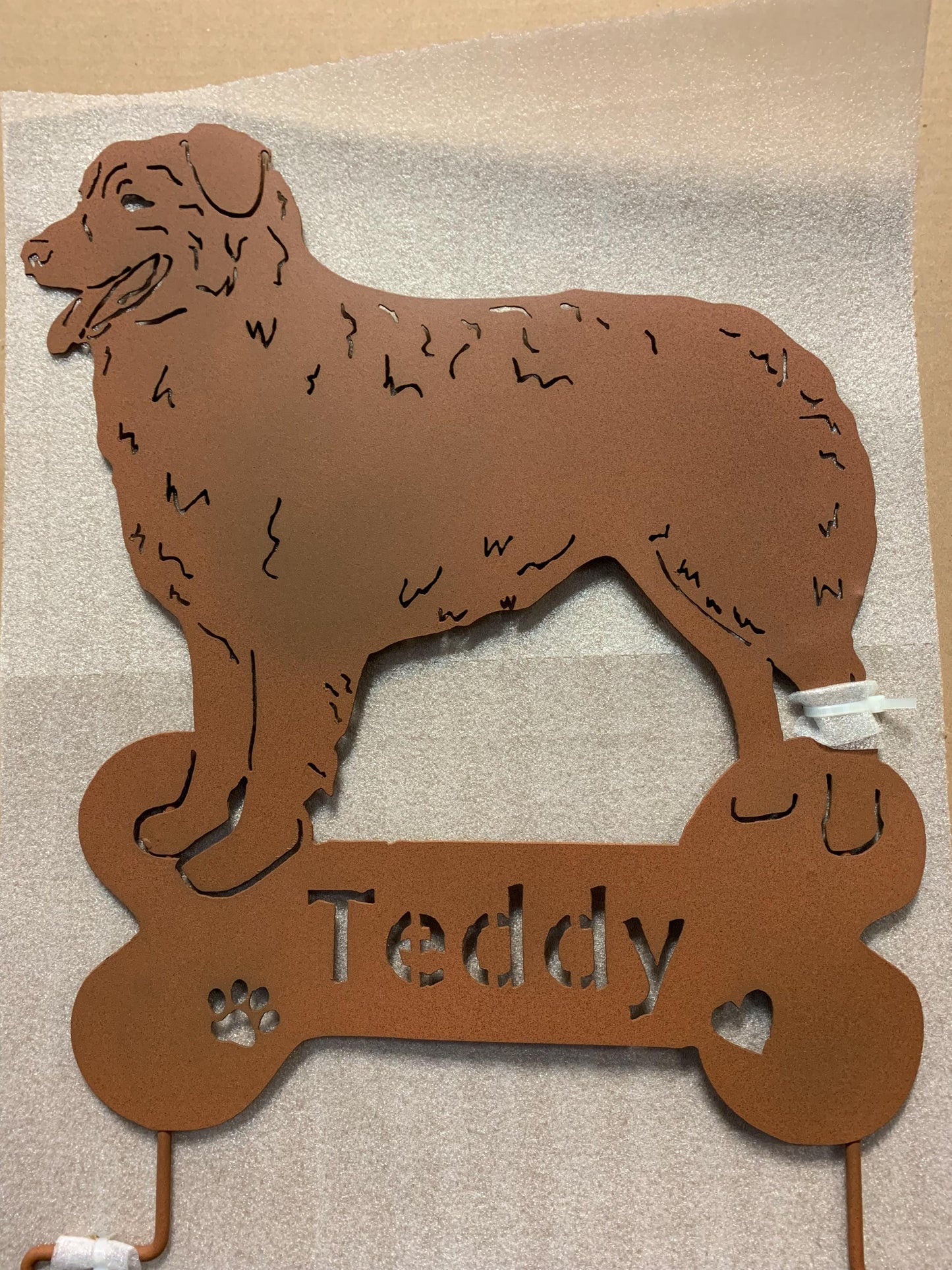 Australian Shepherd statue wall art in rusty brown metal by Rustica Ornamentals lawn ornament on Tampa Home & Garden Store