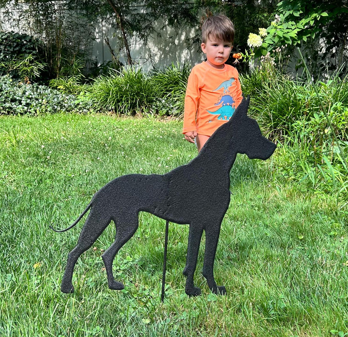 Great Dane garden stake silhouette in black metal by Rustica Ornamentals, lawn ornament style 1 on Tampa Home & Garden Store