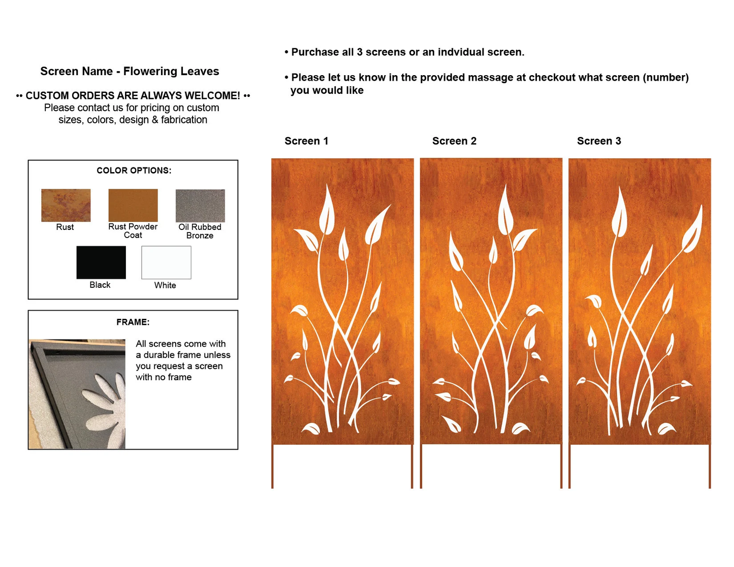 Outdoor privacy screens 46-inch Rustica Ornamentals three-panel rust wall art with white motifs on Tampa Home & Garden Store