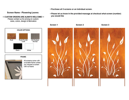 Outdoor privacy screens 46-inch Rustica Ornamentals three-panel rust wall art with white motifs on Tampa Home & Garden Store
