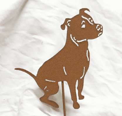 Pit Bull plant stake rust-colored metal silhouette on stake Rustica Ornamentals on Tampa Home & Garden Store