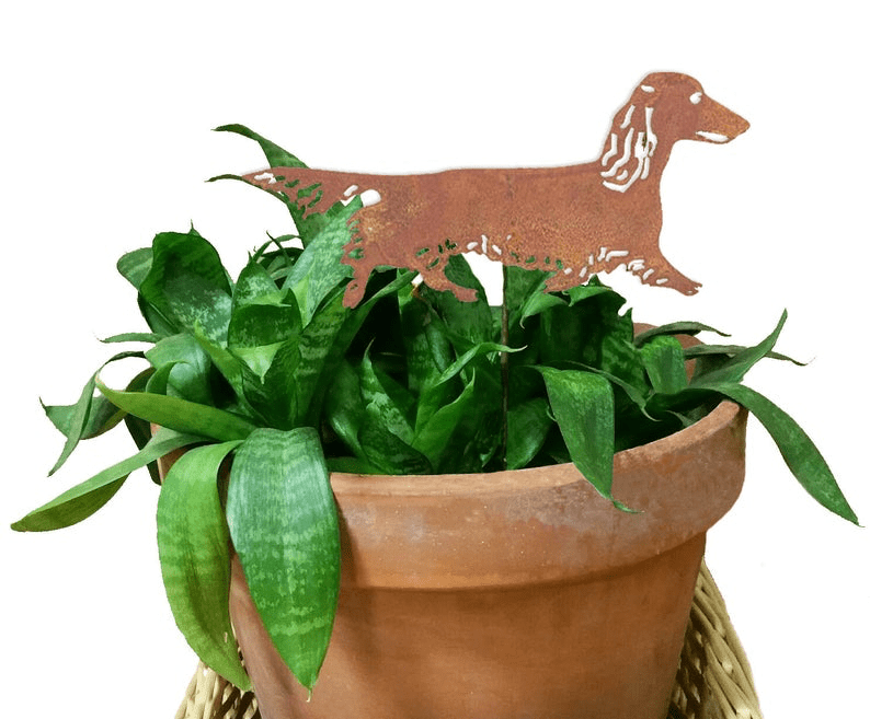 Long Haired Dachshund Plant Spike in rust silhouette atop pot by Rustica Ornamentals on Tampa Home & Garden Store