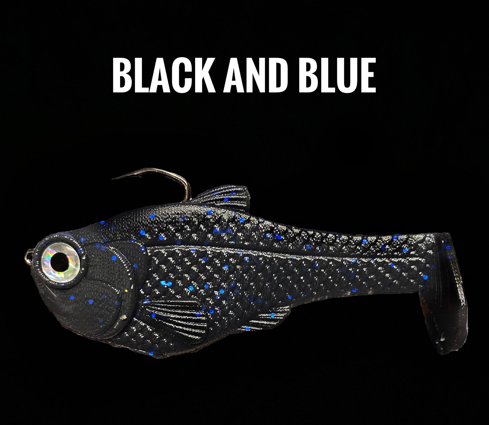 4.5in Nacho boot-tail soft swimbait, Bull Shad Swimbaits, black with blue speckles on Tampa Home & Garden Store