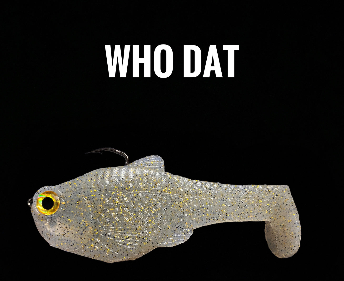 4.5in Nacho boot-tail swimbait by Bull Shad with yellow eye and glitter body on Tampa Home & Garden Store