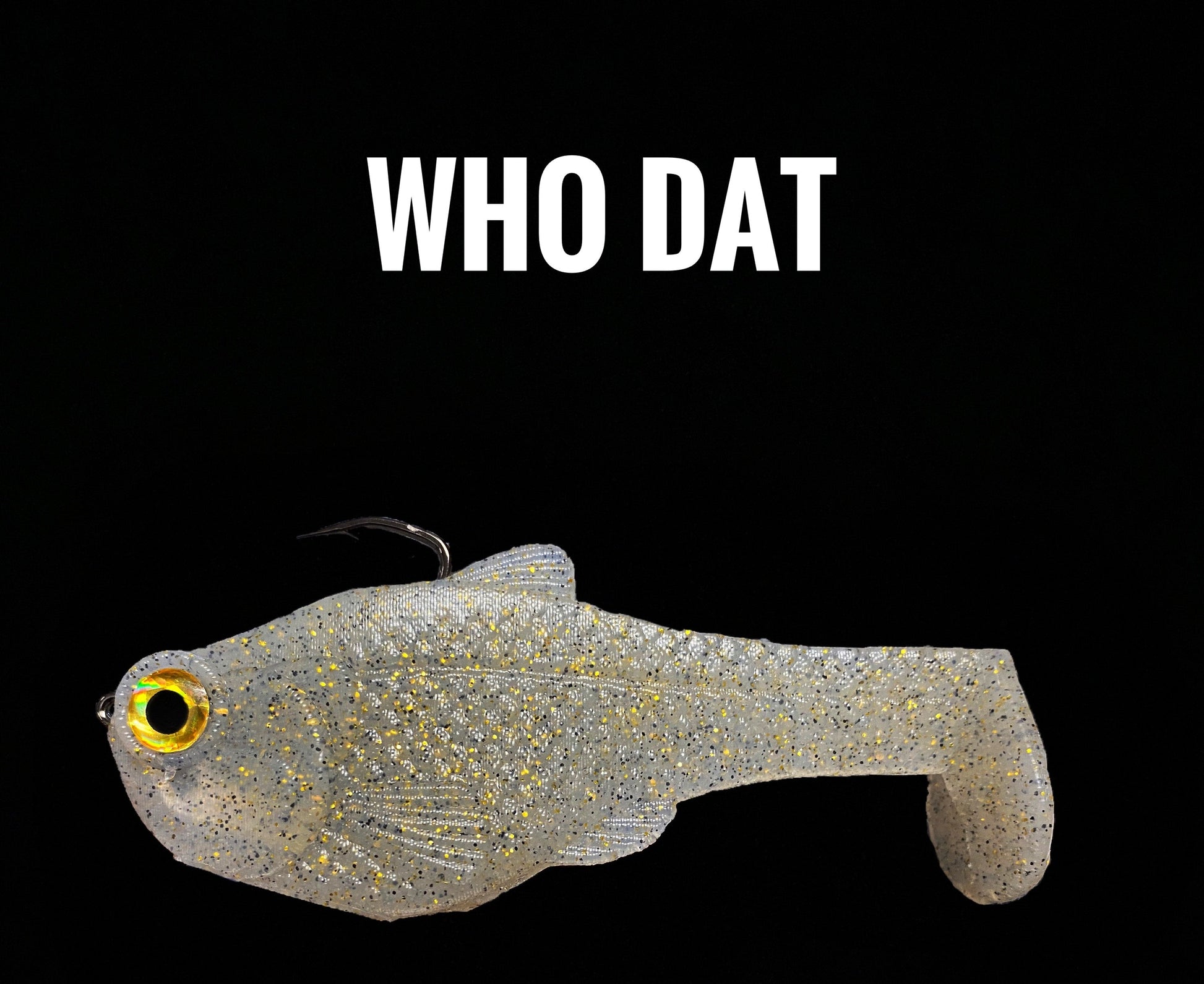 4.5in Nacho boot-tail swimbait by Bull Shad with yellow eye and glitter body on Tampa Home & Garden Store