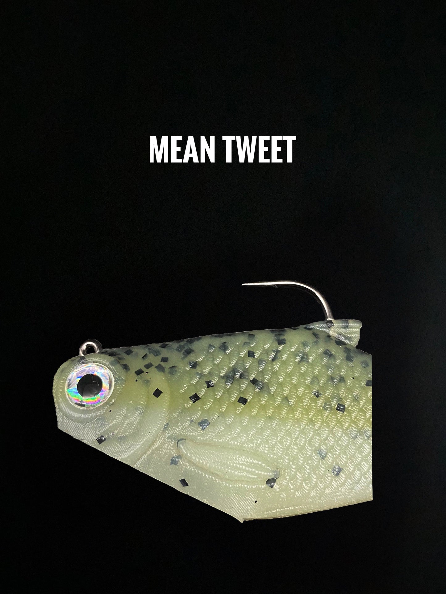 Boot-tail soft swimbait Bacca Burrito by Bull Shad Swimbaits in green with black square scales and glossy eye on Tampa Home & Garden Store