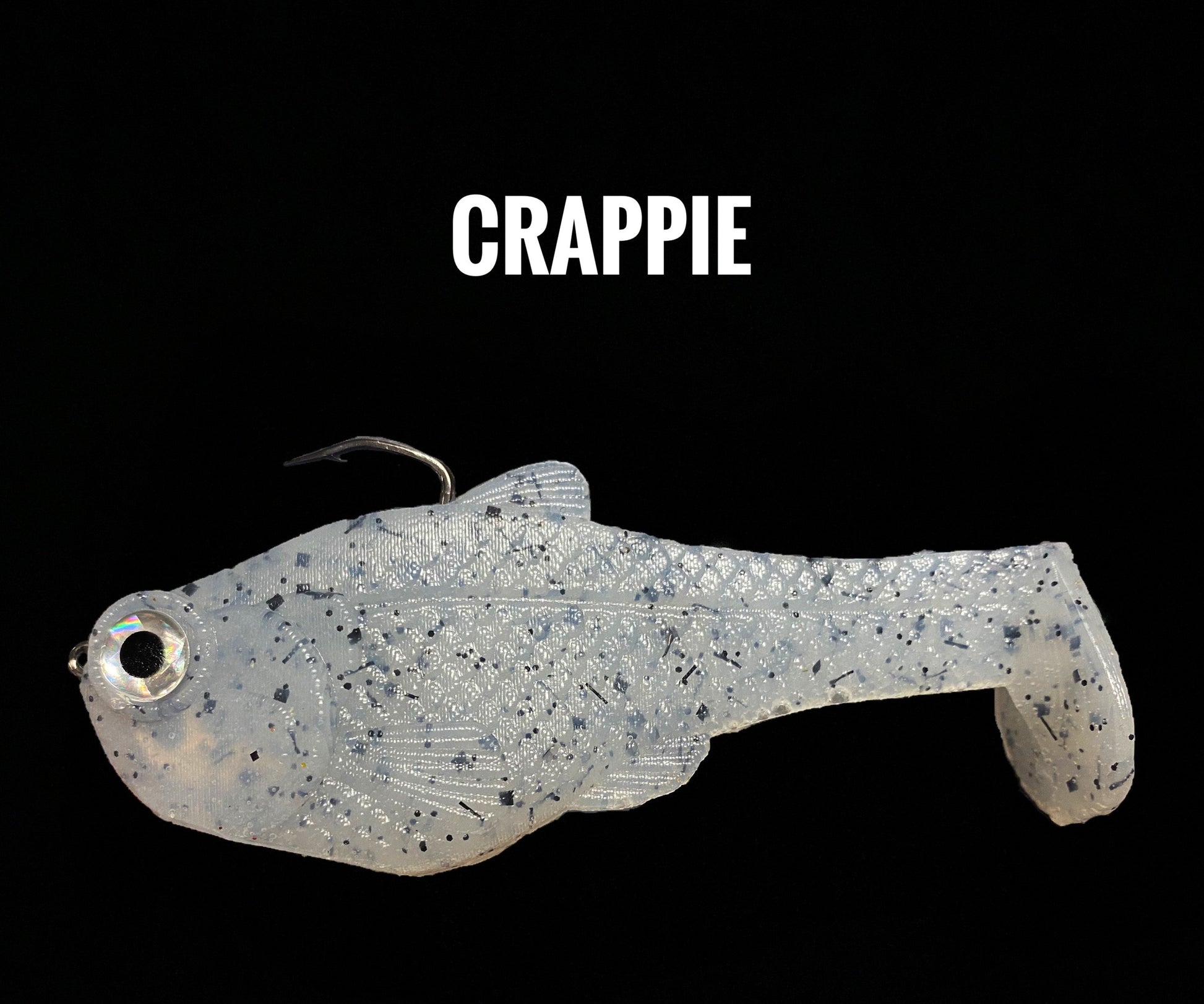 4.5in Nacho boot-tail soft swimbait by Bull Shad Swimbaits, gray speckled plastic lure with eye on Tampa Home & Garden Store