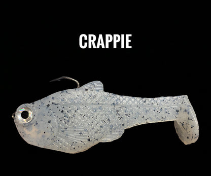 4.5in Nacho boot-tail soft swimbait by Bull Shad Swimbaits, gray speckled plastic lure with eye on Tampa Home & Garden Store