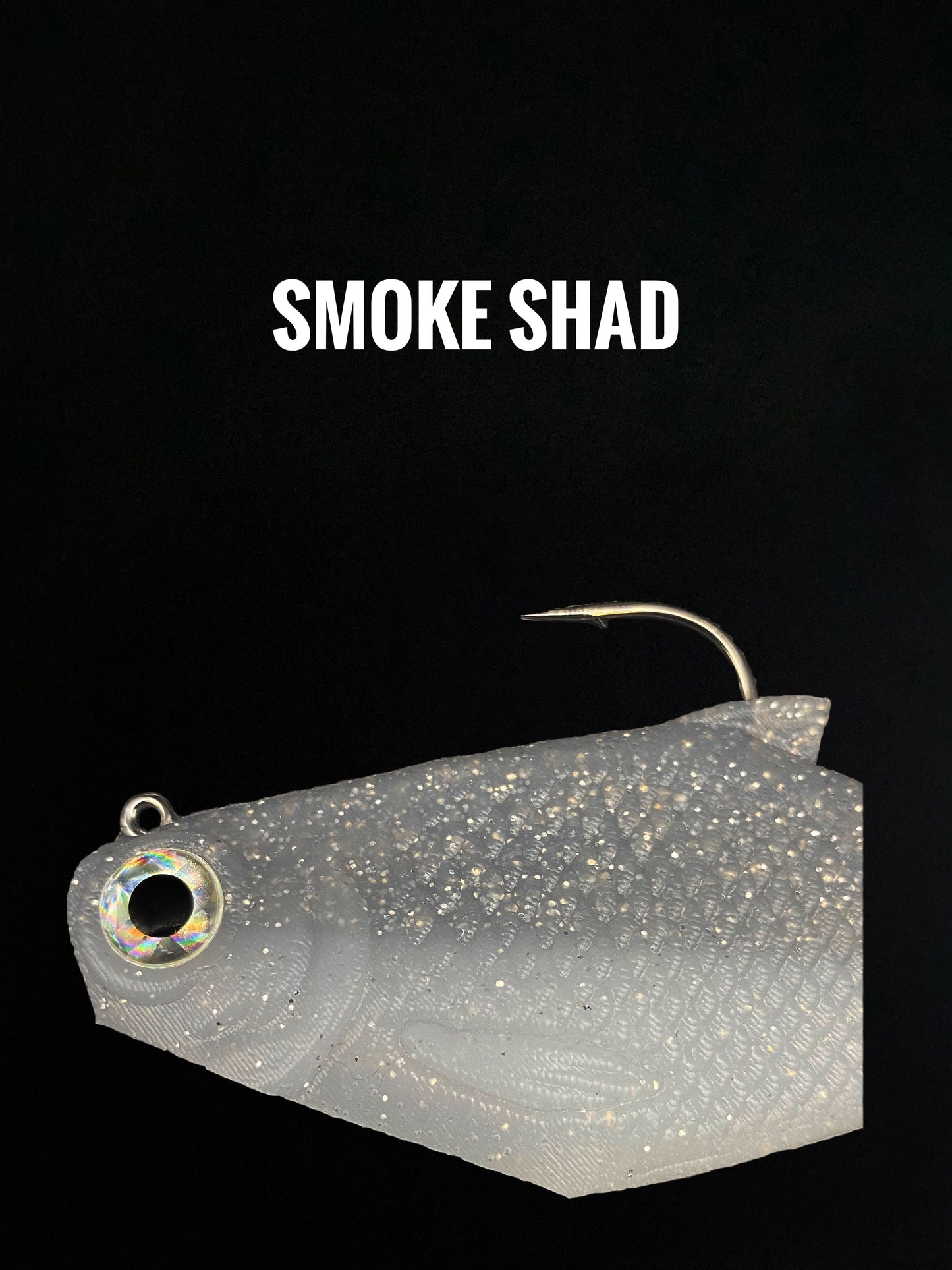 Bacca Burrito boot-tail soft swimbait by Bull Shad Swimbaits, gray speckled lure with hook on Tampa Home & Garden Store