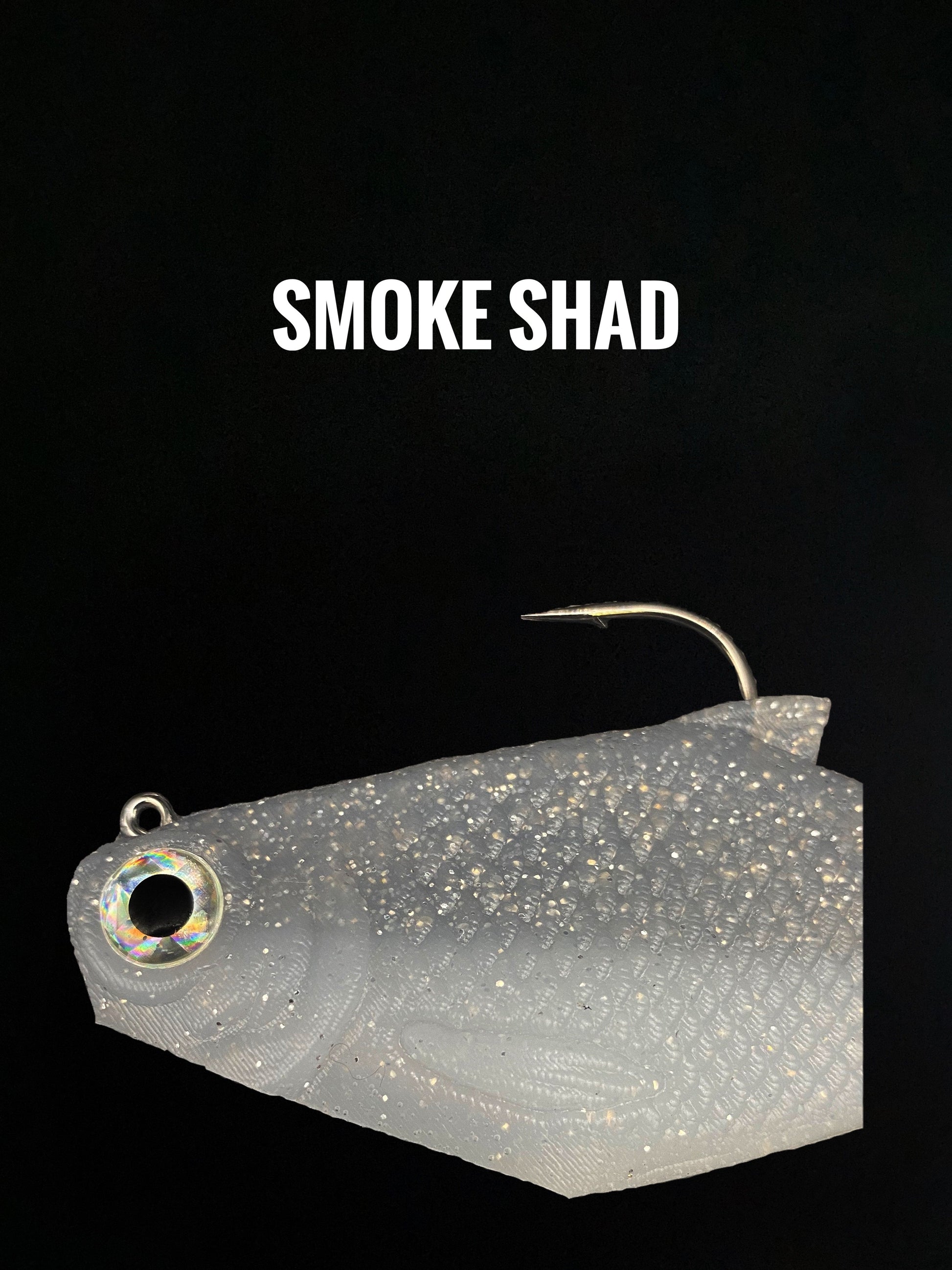 Bacca Burrito boot-tail soft swimbait by Bull Shad Swimbaits, gray speckled lure with hook on Tampa Home & Garden Store