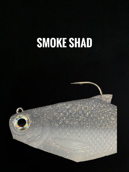 Bacca Burrito boot-tail soft swimbait by Bull Shad Swimbaits, gray speckled lure with hook on Tampa Home & Garden Store