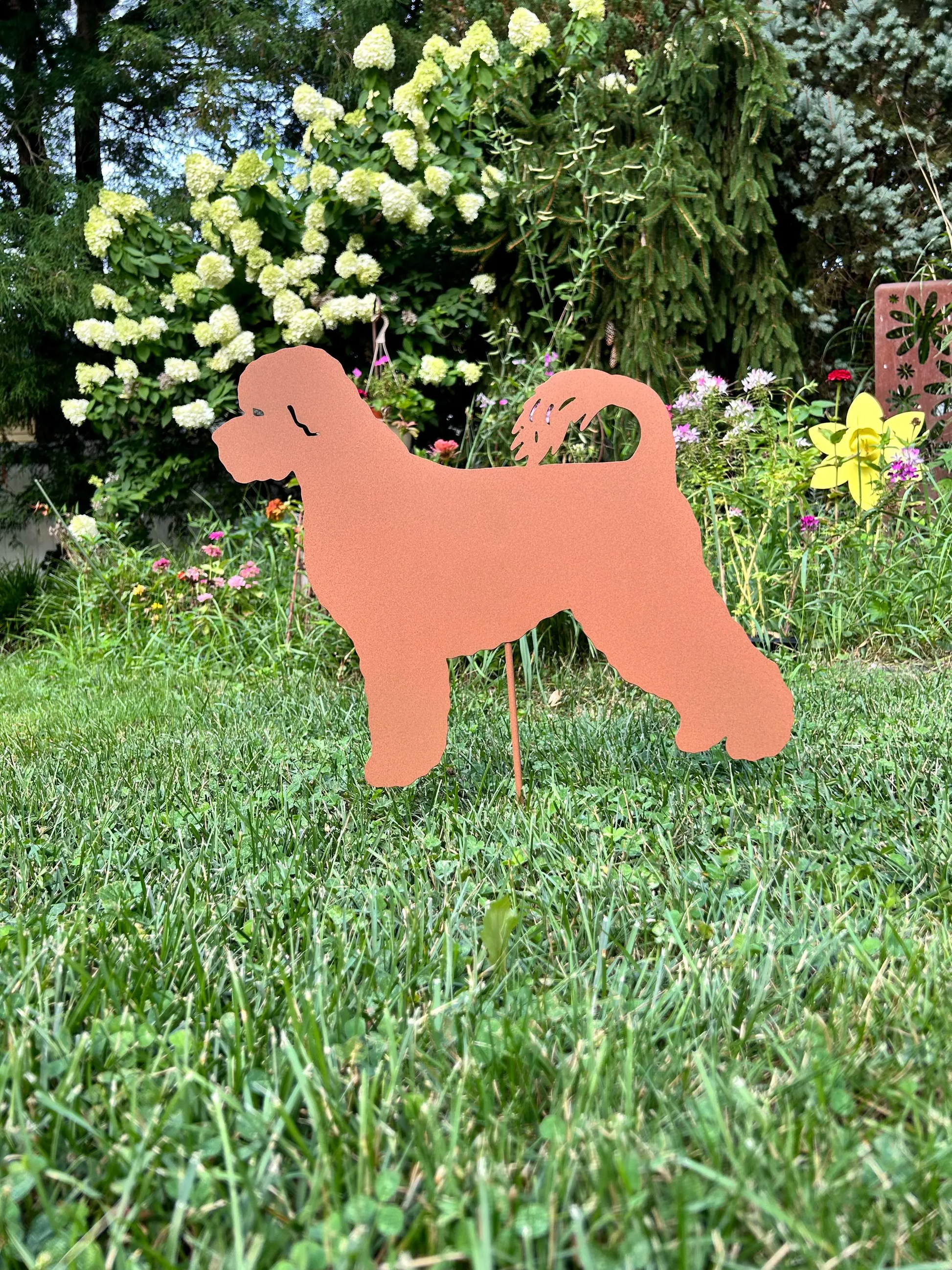 Portuguese Water Dog garden stake rust-colored by Rustica Ornamentals lawn ornament on Tampa Home & Garden Store