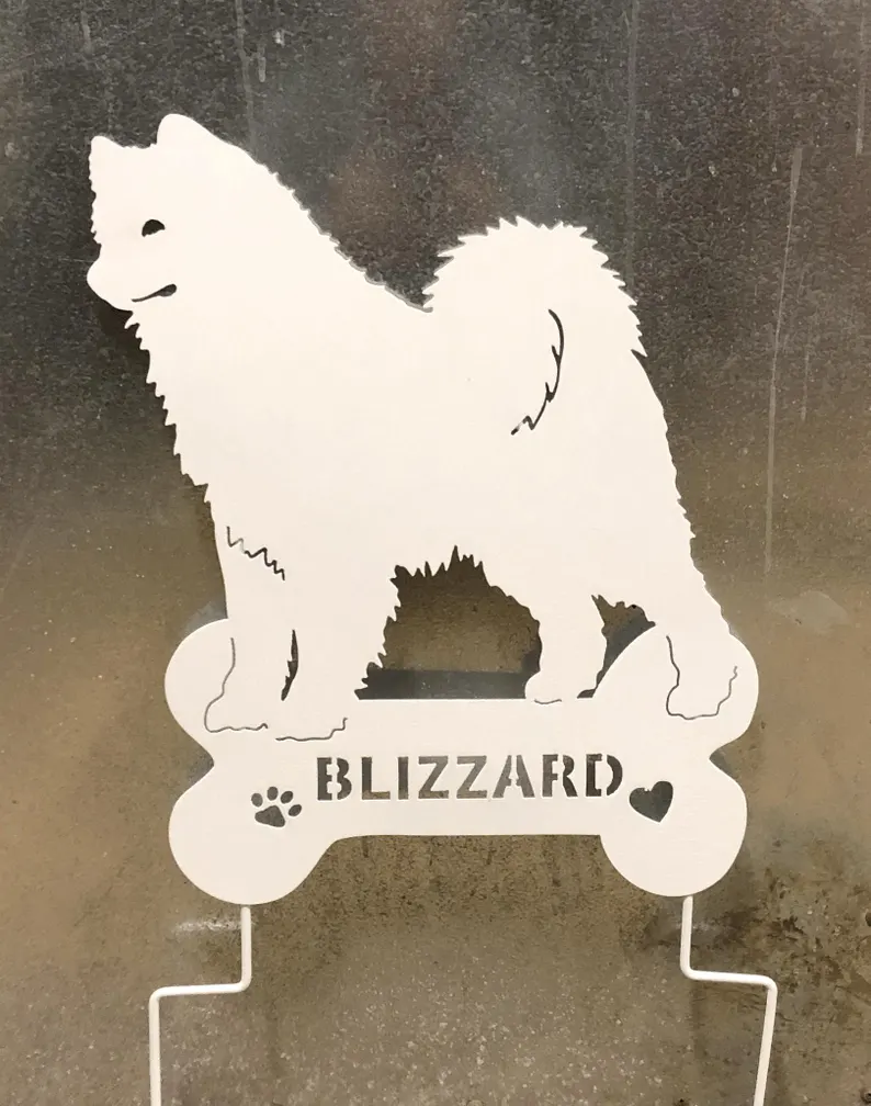Samoyed garden stake by Rustica Ornamentals Blizzard, white metal dog silhouette on bone base on Tampa Home & Garden Store