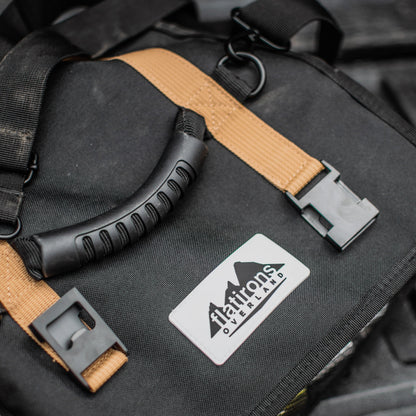 RiPouch Gear Roll by Flatirons Overland, black fabric with tan strap and metal ring on Tampa Home & Garden Store