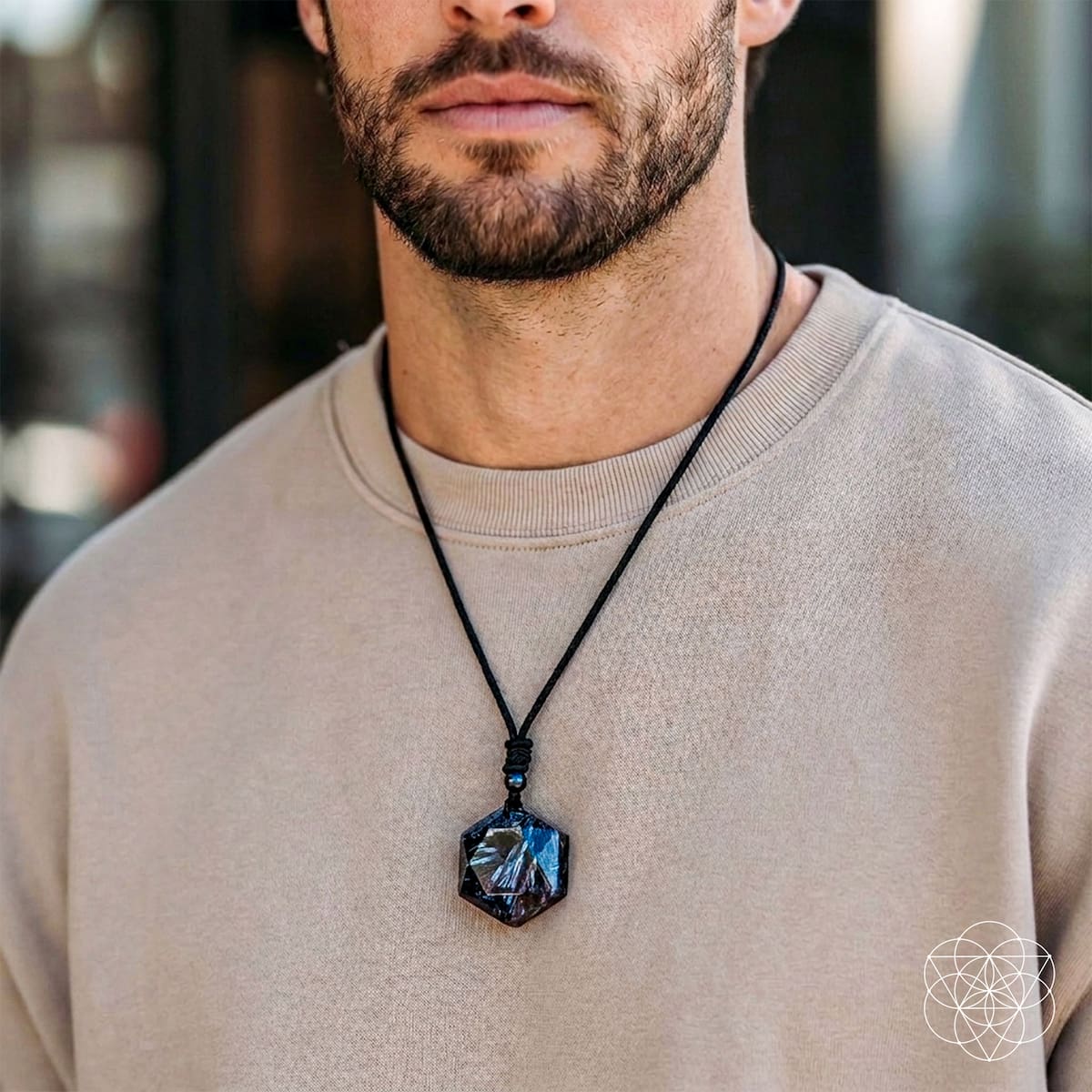 Arfvedsonite Deep Healing Pendant Necklace with a blue hexagonal crystal on a black cord Conscious Items on Tampa Home & Garden Store