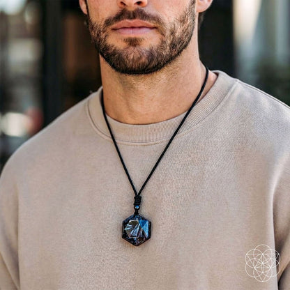 Arfvedsonite Deep Healing Pendant Necklace with a blue hexagonal crystal on a black cord Conscious Items on Tampa Home & Garden Store