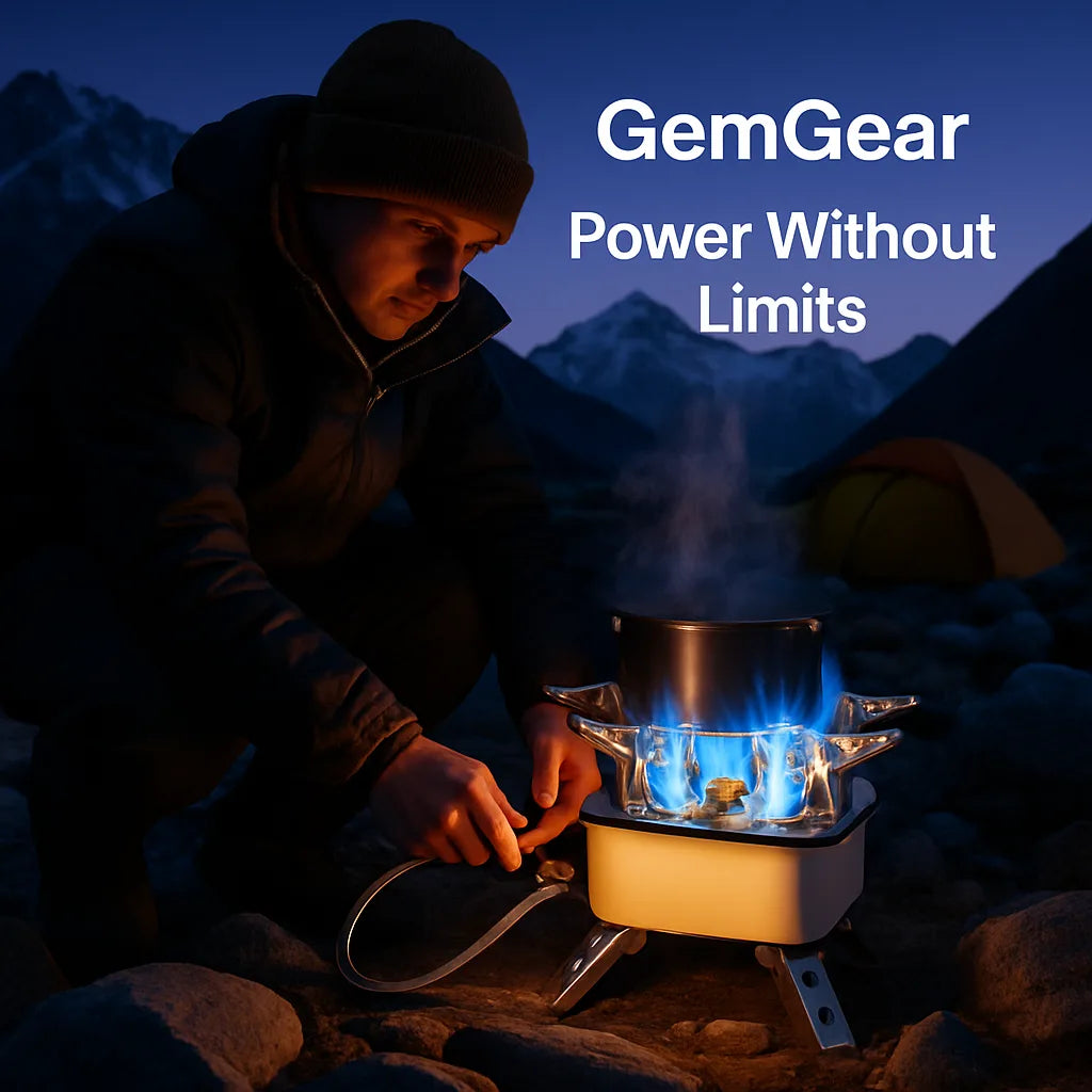 GemGear 13000W portable windproof camping stove with blue flame and compact white base on Tampa Home & Garden Store