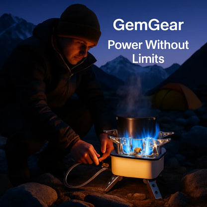 GemGear 13000W portable windproof camping stove with blue flame and compact white base on Tampa Home & Garden Store