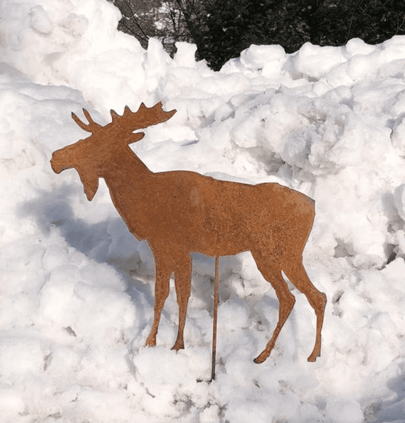 Rust-colored metal moose silhouette wall art for lawn, Rustica Ornamentals garden sculpture on Tampa Home & Garden Store