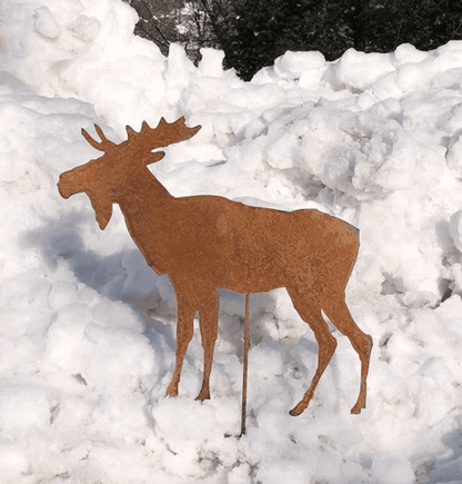 Rust-colored metal moose silhouette wall art for lawn, Rustica Ornamentals garden sculpture on Tampa Home & Garden Store