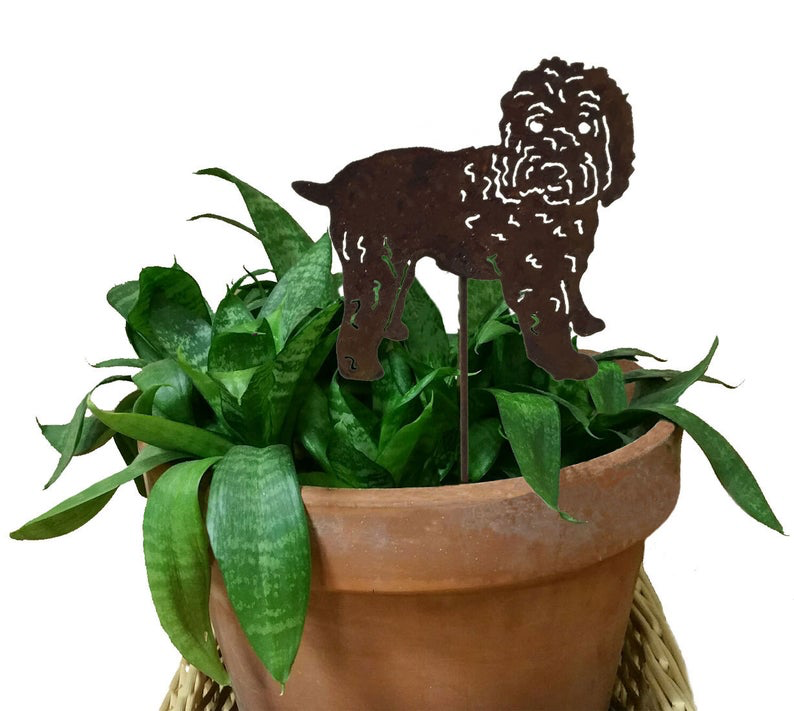 Wheaten Terrier plant stake in dark metal silhouette for potted plants Rustica Ornamentals on Tampa Home & Garden Store