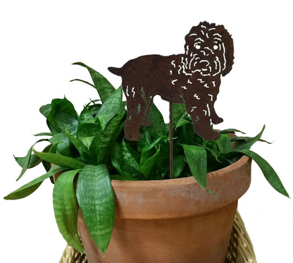 Wheaten Terrier plant stake in dark metal silhouette for potted plants Rustica Ornamentals on Tampa Home & Garden Store