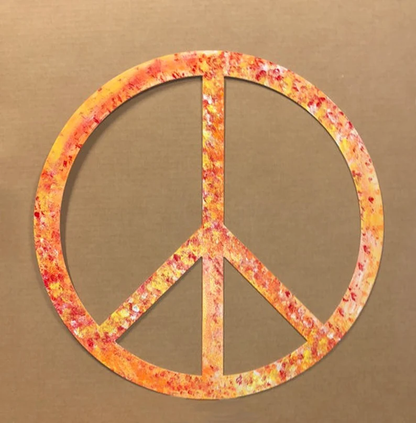 Peace sign garden sculpture with orange speckled finish by Rustica Ornamentals lawn ornament on Tampa Home & Garden Store