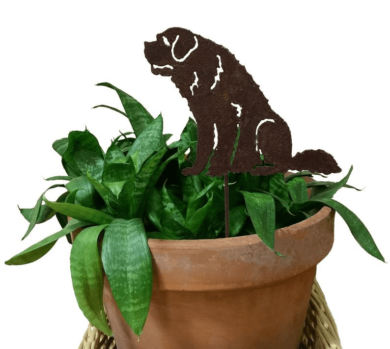 St. Bernard plant stake decorative rust metal silhouette by Rustica Ornamentals in terracotta pot on Tampa Home & Garden Store