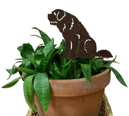 St. Bernard plant stake decorative rust metal silhouette by Rustica Ornamentals in terracotta pot on Tampa Home & Garden Store