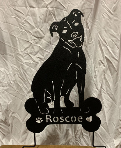Pit Bull garden statue silhouette by Rustica Ornamentals with bone base and paw print accents on Tampa Home & Garden Store