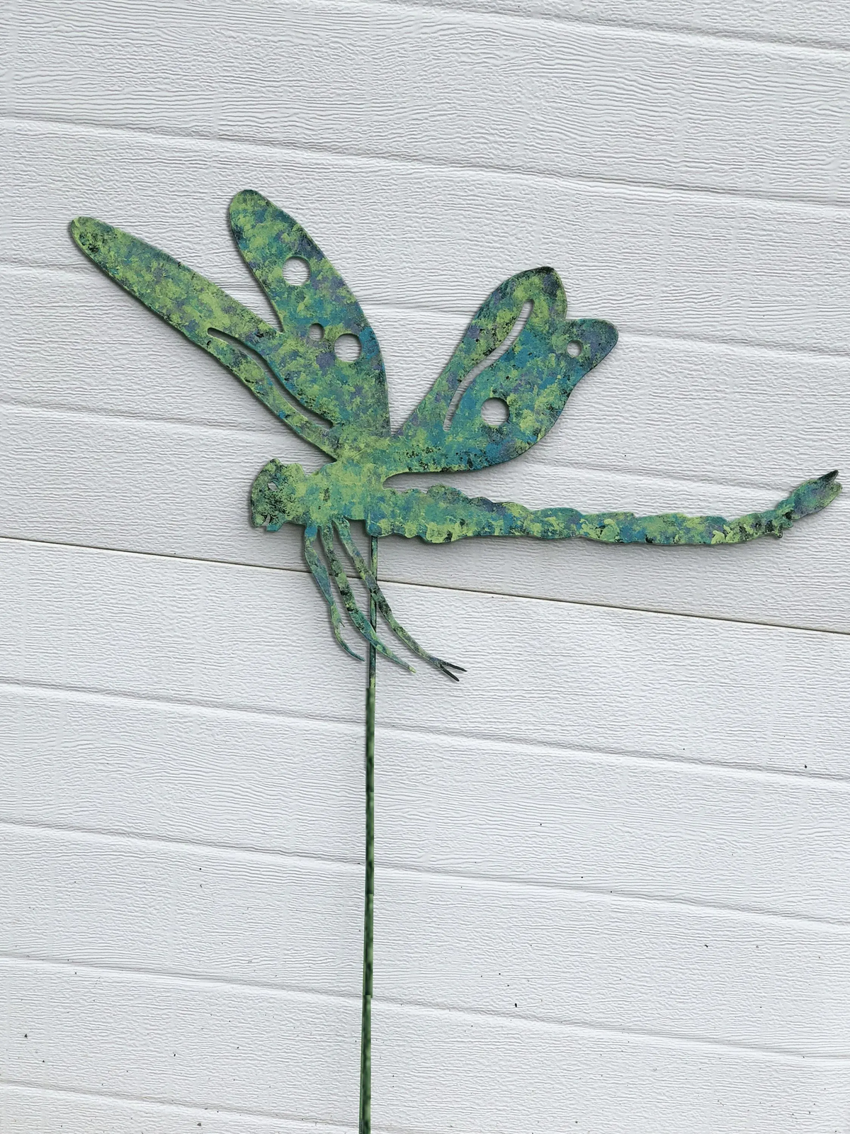 Dragonfly garden stake metal decor with green patina by Rustica Ornamentals lawn ornament on Tampa Home & Garden Store