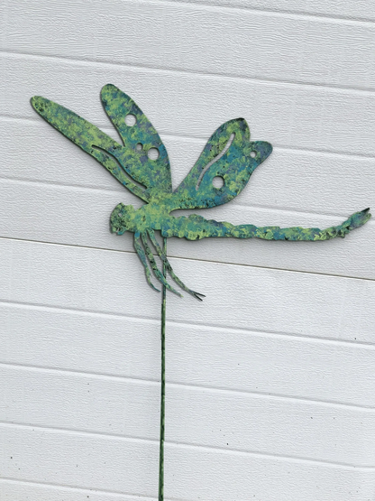 Dragonfly garden stake metal decor with green patina by Rustica Ornamentals lawn ornament on Tampa Home & Garden Store