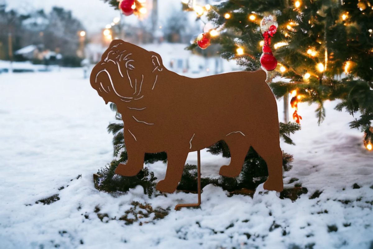 Bulldog garden statue silhouette on brown metal stake by Rustica Ornamentals for lawn ornaments on Tampa Home & Garden Store