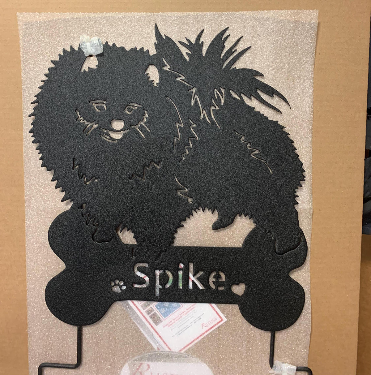 Pomeranian garden stake wall hanging, two fluffy dogs in black metal by Rustica Ornamentals on Tampa Home & Garden Store