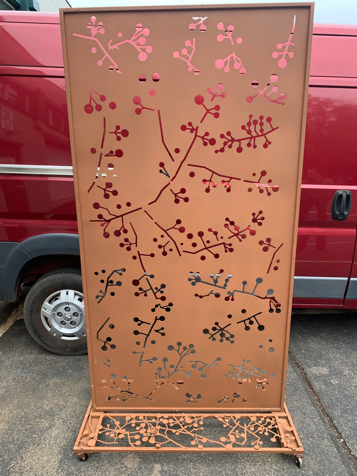 Outdoor metal privacy panel with wattle twig cutouts, copper finish steel for patio and fence on Tampa Home & Garden Store
