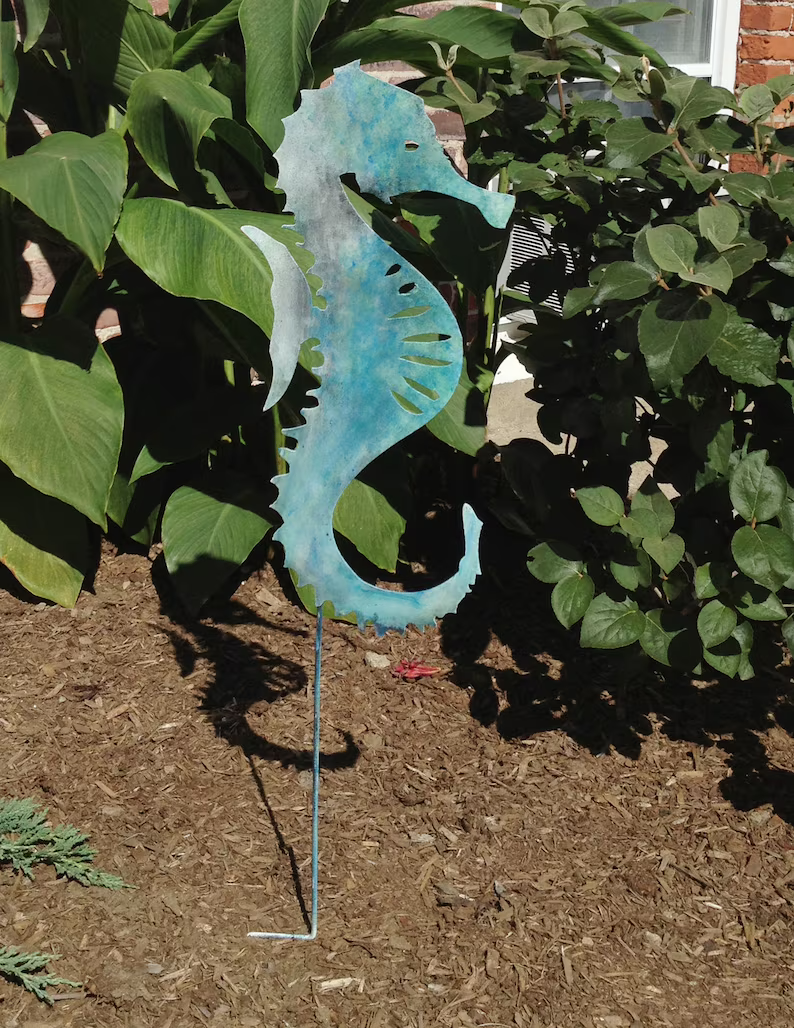 Seahorse garden stake metal sculpture in turquoise blue with stake Rustica Ornamentals on Tampa Home & Garden Store