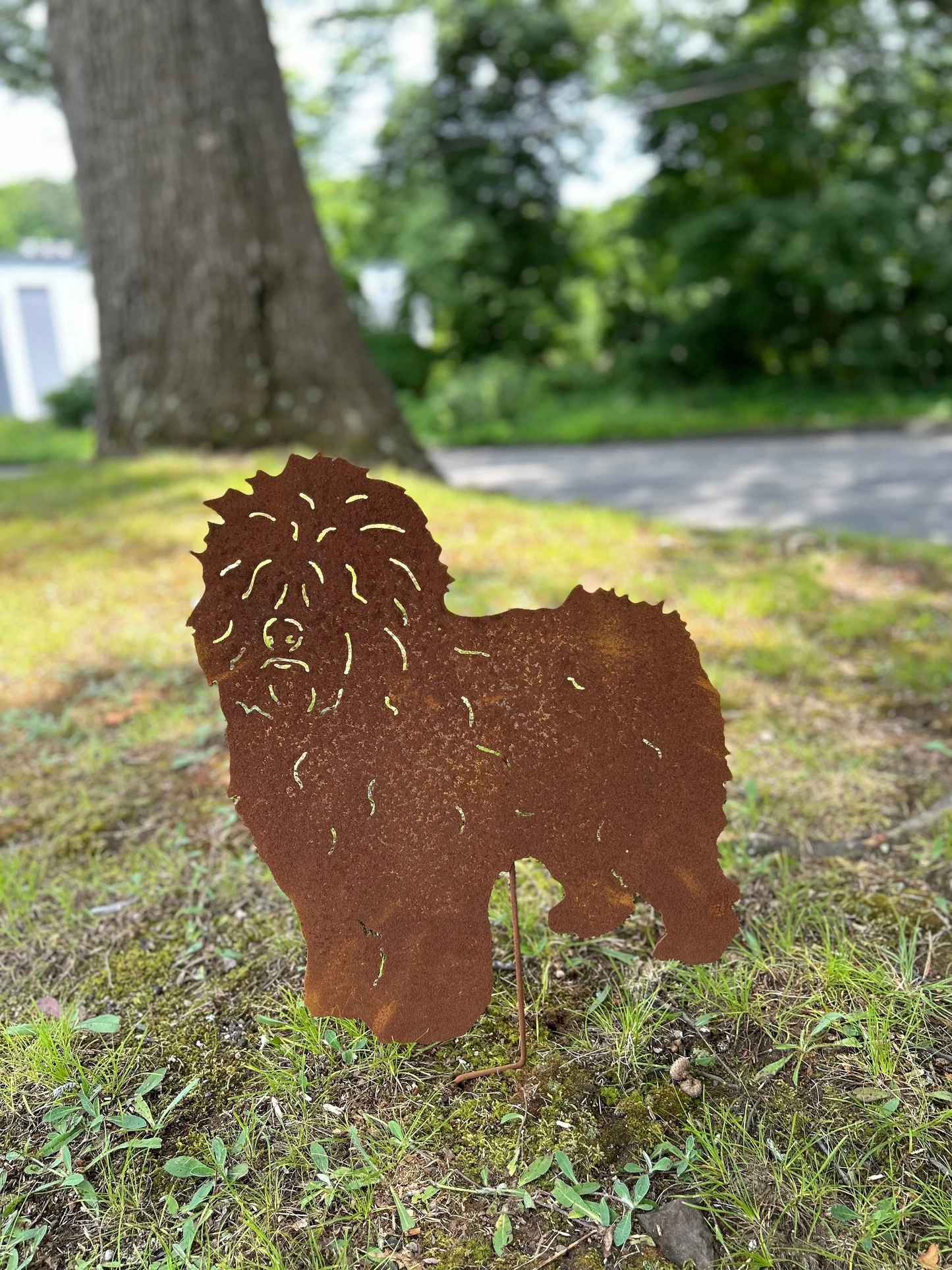Old English Sheepdog garden stake 2-pack in rusted metal by Rustica Ornamentals, lawn ornament on Tampa Home & Garden Store