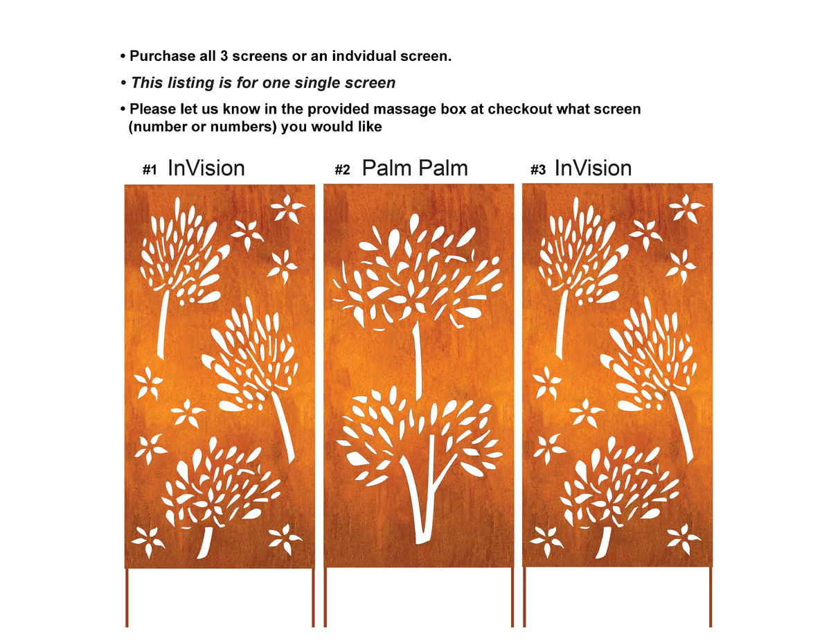 Outdoor metal privacy screen panel trio in orange woodgrain with white tree silhouettes by Rustica Ornamentals on Tampa Home & Garden Store