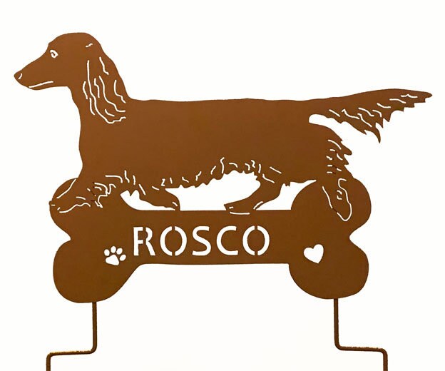 Long-haired dachshund metal lawn ornament with ROSCO cutout rust finish by Rustica Ornamentals on Tampa Home & Garden Store