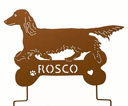Long-haired dachshund metal lawn ornament with ROSCO cutout rust finish by Rustica Ornamentals on Tampa Home & Garden Store