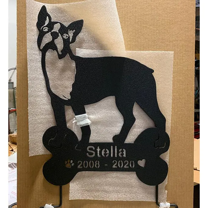 Boston Terrier memorial wall art in black metal silhouette with Stella 2008–2020 bone base on Tampa Home & Garden Store