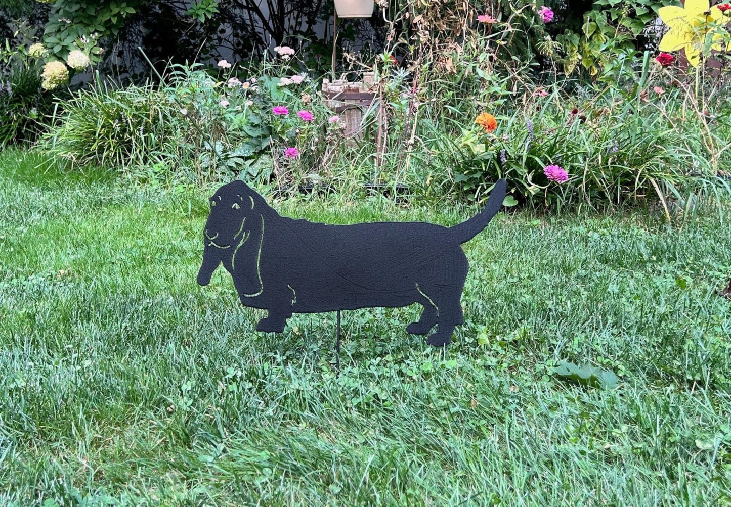 Basset Hound lawn statue silhouette in black metal by Rustica Ornamentals on Tampa Home & Garden Store