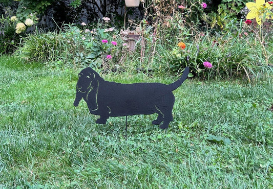 Basset Hound lawn statue silhouette in black metal by Rustica Ornamentals on Tampa Home & Garden Store