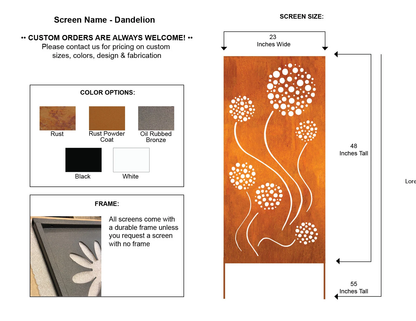 Metal Privacy Screen Panel wall hanging in rust finish with white dandelion motif, 46-inch tall on Tampa Home & Garden Store