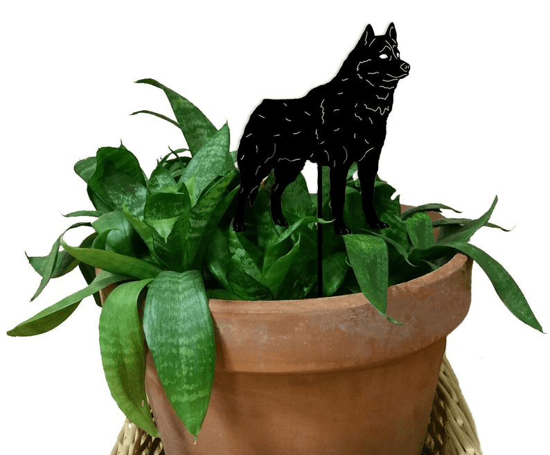 Siberian Husky plant stake, black metal silhouette decor by Rustica Ornamentals in a pot on Tampa Home & Garden Store
