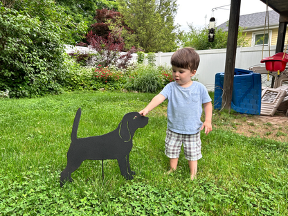 Black metal Beagle garden stake sculpture by Rustica Ornamentals, standing hound dog yard decor on Tampa Home & Garden Store