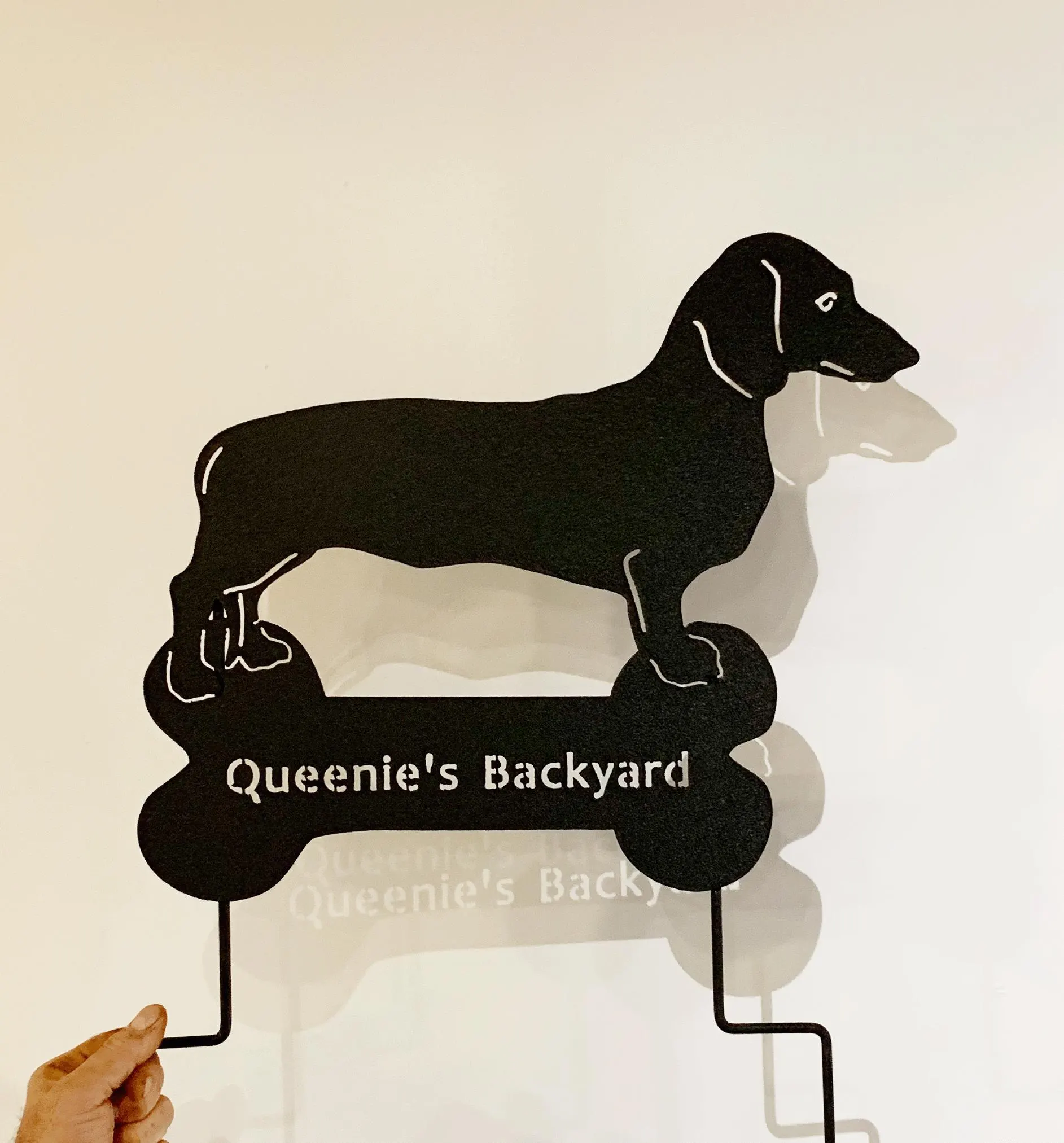 Dachshund wall art silhouette, black metal lawn ornament with stake on Tampa Home & Garden Store