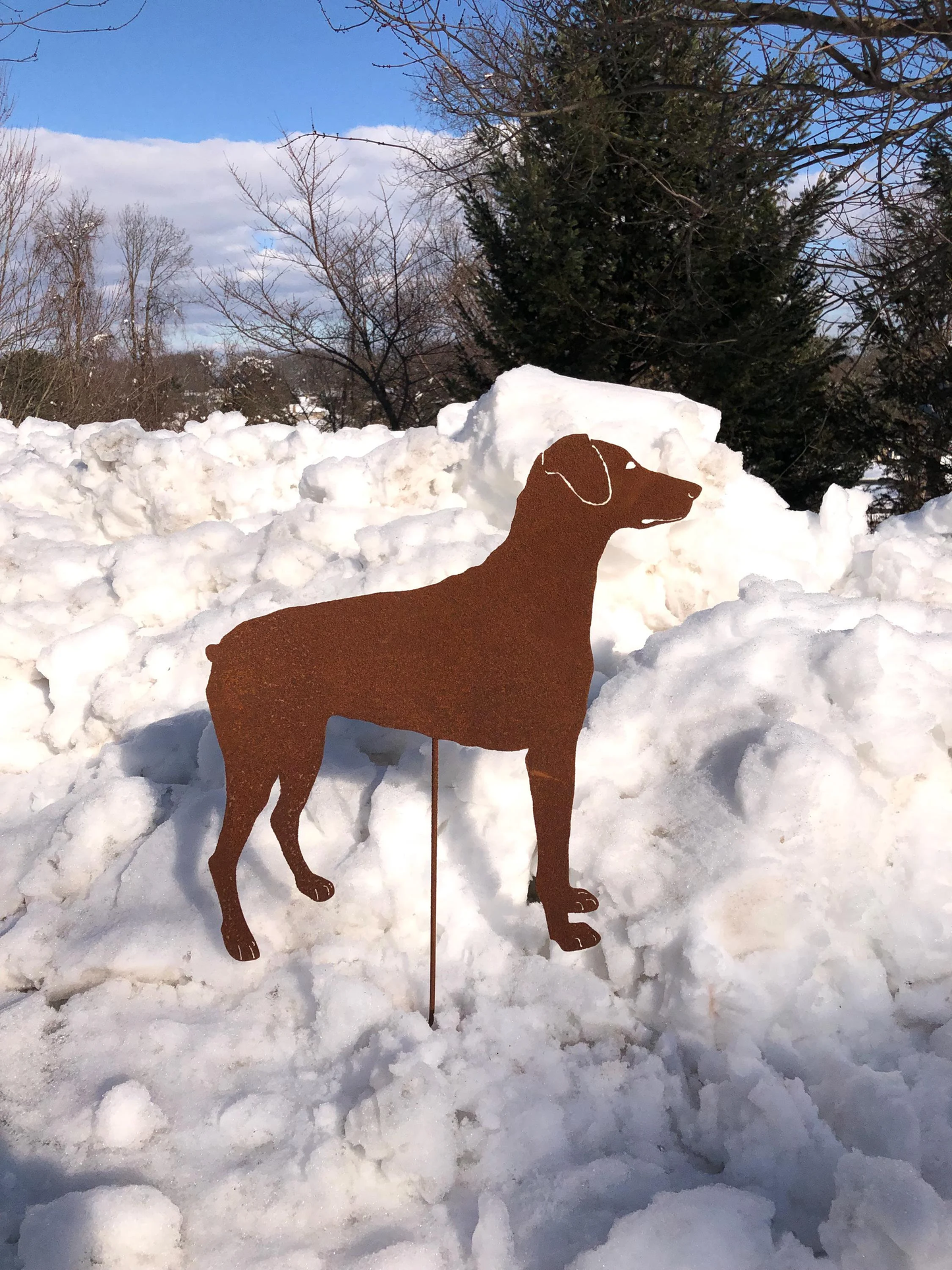 Doberman Pinscher garden stake rust metal silhouette by Rustica Ornamentals in snow on Tampa Home & Garden Store