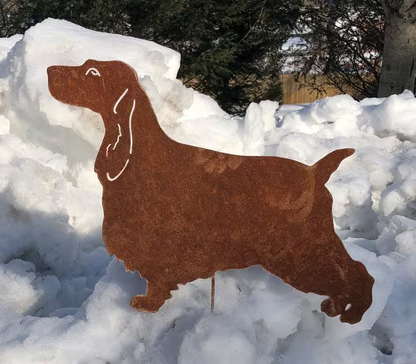 English Cocker Spaniel garden stake rust-colored metal by Rustica Ornamentals, lawn ornament on Tampa Home & Garden Store